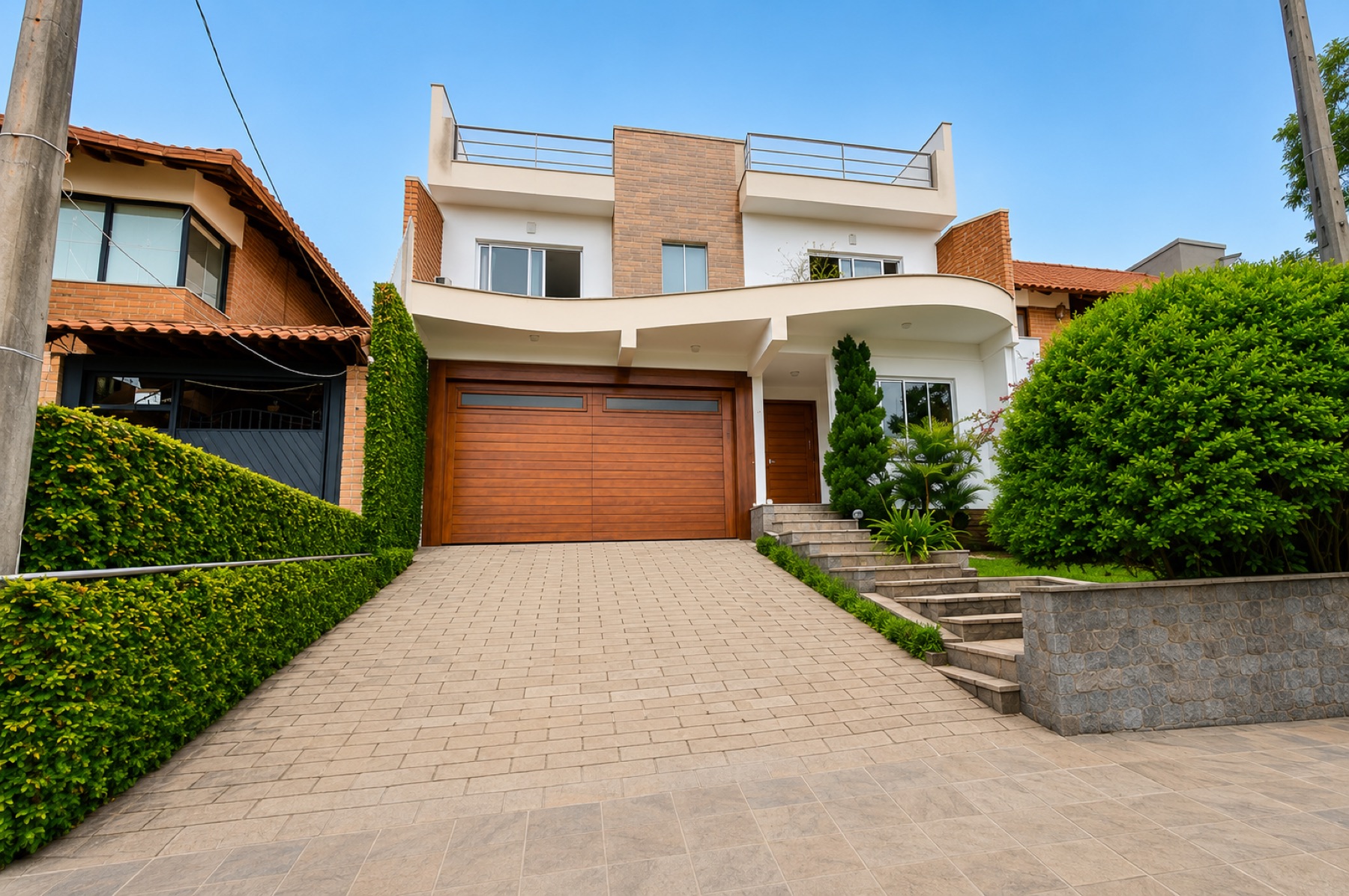 Fachada da casa com garagem de portão de madeira e jardim